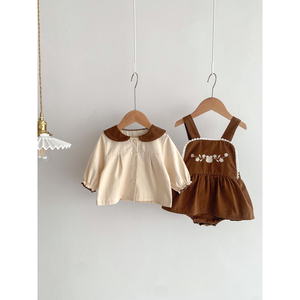 SET ÁO SƠ MI CỔ SEN DÀI TAY MIX VÁY YẾM BODY TÔNG MÀU VINTAGE CHO BÉ GÁI- HÀNG QCCC