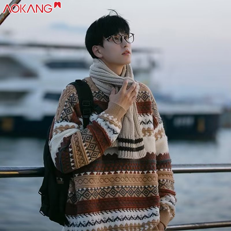 Áo sweater Dáng Rộng Họa Tiết Kẻ Sọc Phong Cách Nhật Bản Thời Trang Mùa Đông Cao Cấp Cho Nam