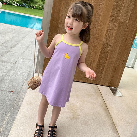 90-140cm Ice Silk Ribbed Mùa Hè Phong Cách Mỏng Bé Gái Bé Gái Trẻ Em Không Tay Sling Dễ Thương Giữa Chiều Dài Kẹo Đầm Sling Màu