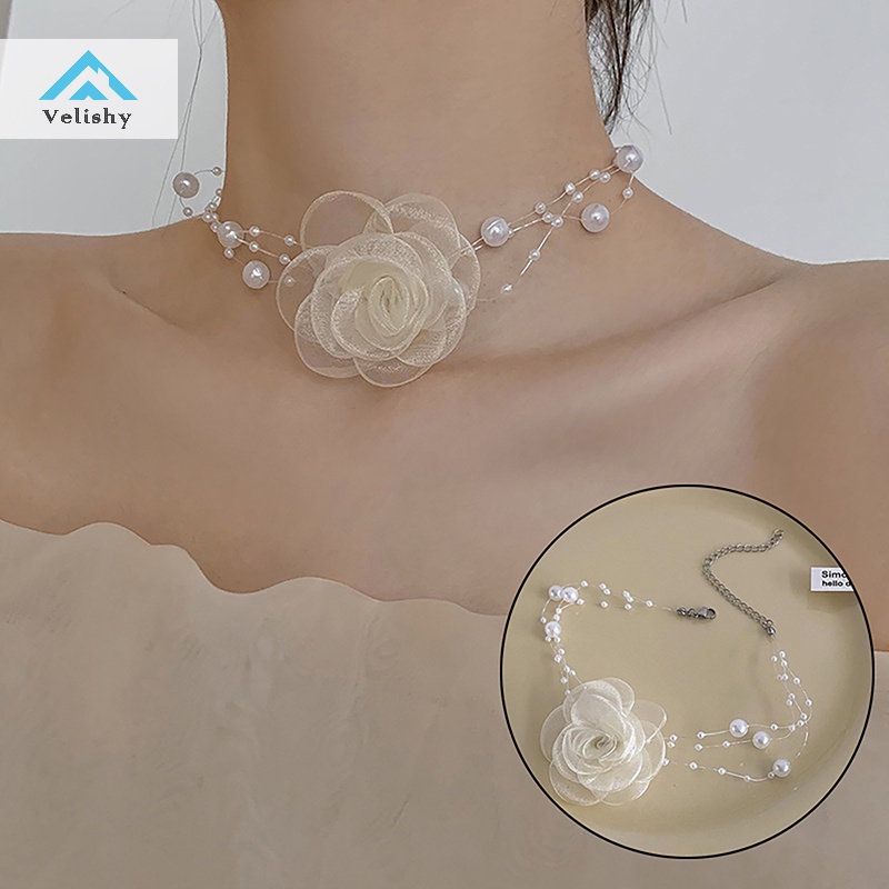Velishy Vòng Cổ choker Đính Hoa Trà Và Ngọc Trai Lãng Mạn Cho Nữ