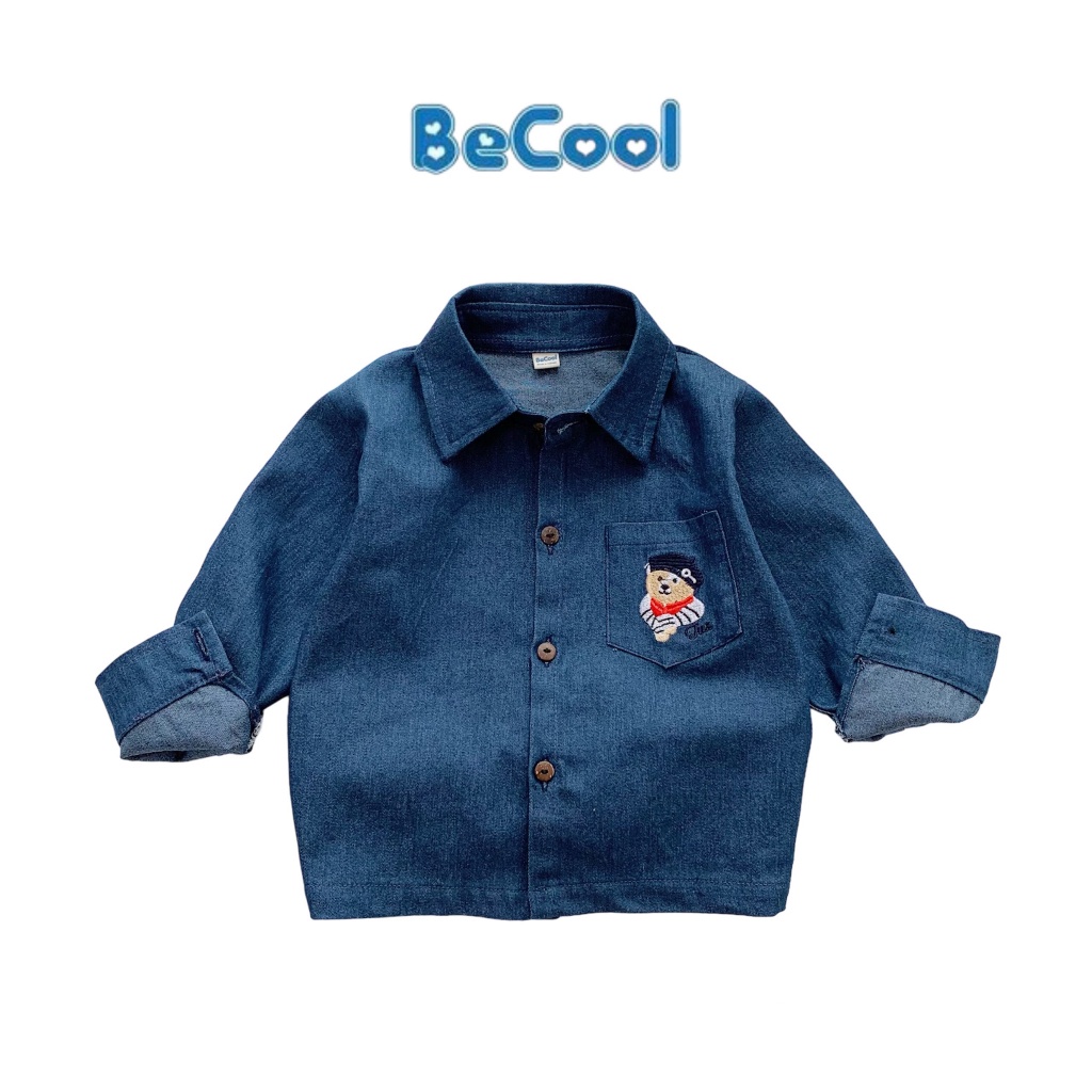 Áo Sơ Mi Cho Bé Trai Chất Bò Thêu Gấu, Áo Sơ Mi Dài Tay Cho Bé Từ 10 đến 26kg BAOBAOKIDS