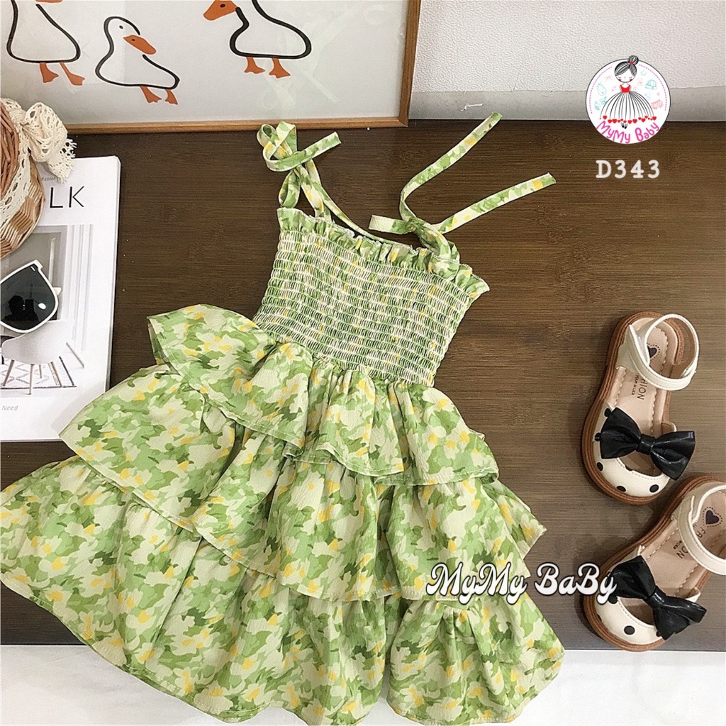 Đầm 2 dây tầng hoa xanh lá vàng phần trên bo ôm