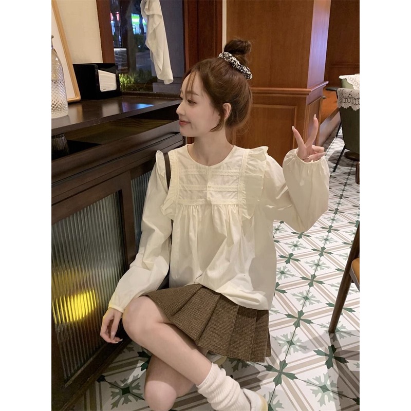 Áo Sơ Mi Dài Tay Phối Bèo Phong Cách Pháp Thời Trang Cho Nữ