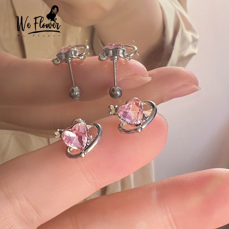 We flower Bông Tai Mạ Bạc 925 Hình Trái Tim Đính Đá Hồng Phong Cách Hàn Quốc Dành Cho Nữ