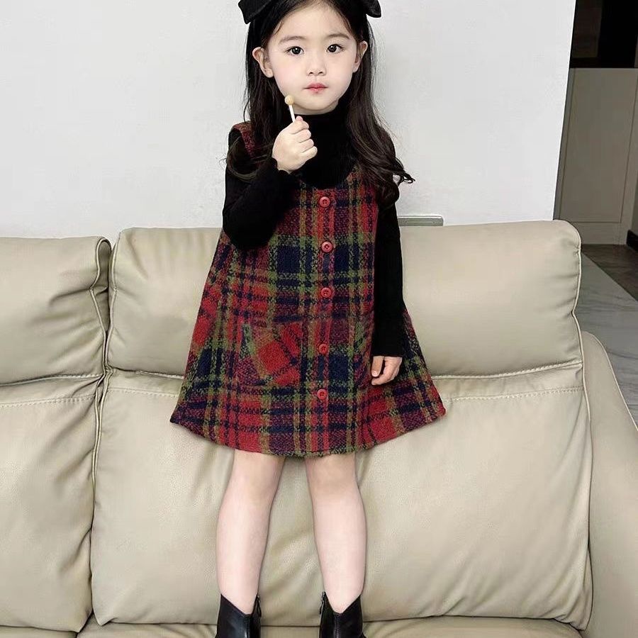 Set Áo Váy Len Họa Tiết Caro Thời Trang Mùa Thu Cho Bé Gái