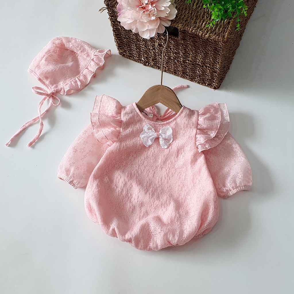 Bodysuit Cho Bé Gái Sơ Sinh Dài Tay Body Chip Cho Bé Màu Hồng Ren Hoa Nút Chéo Váy Cho Bé Gái