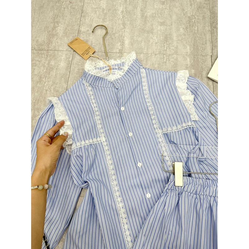 SET KẺ XANH VIỀN BÈO REN KÈM CHÂN VÁY lương su shop