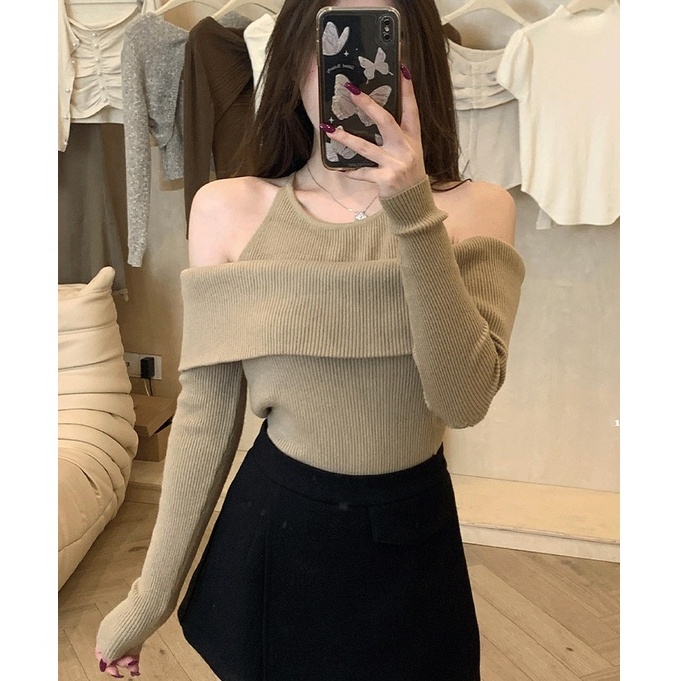 Áo Len Tay Dài Hở Vai Thời Trang Thu Đông Kiểu Mới Quyến Rũ Cho Nữ