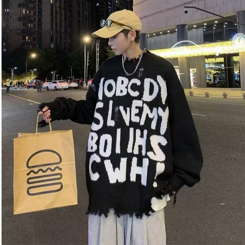 Áo sweater Dệt Kim Tay Dài Dáng Rộng In Chữ Kiểu Hồng Kông Thời Trang Thu Đông Cho Nam