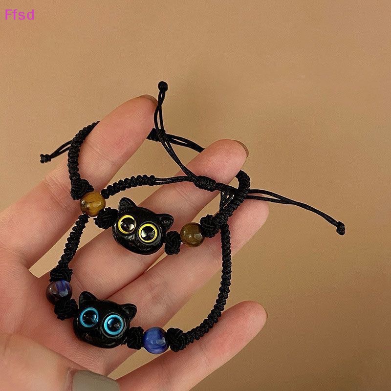 Vòng Tay Dây Thừng Xỏ Hạt Đen Mặt Hình Mèo Dễ Thương Có Thể Điều Chỉnh Cho Cặp Đôi / Tình Bạn