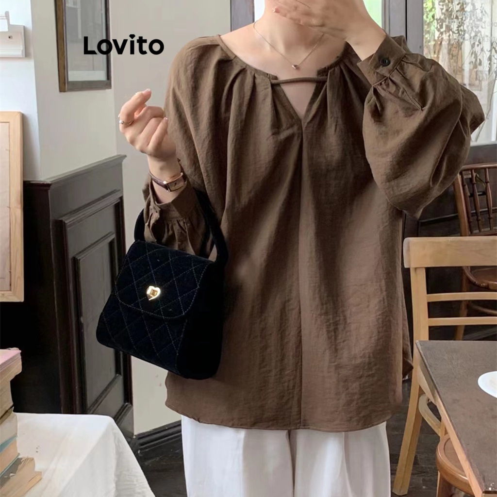 Lovito Áo kiểu tay áo có ren đơn giản có ren cut out Ruffle Bishop dành cho nữ LNE29469