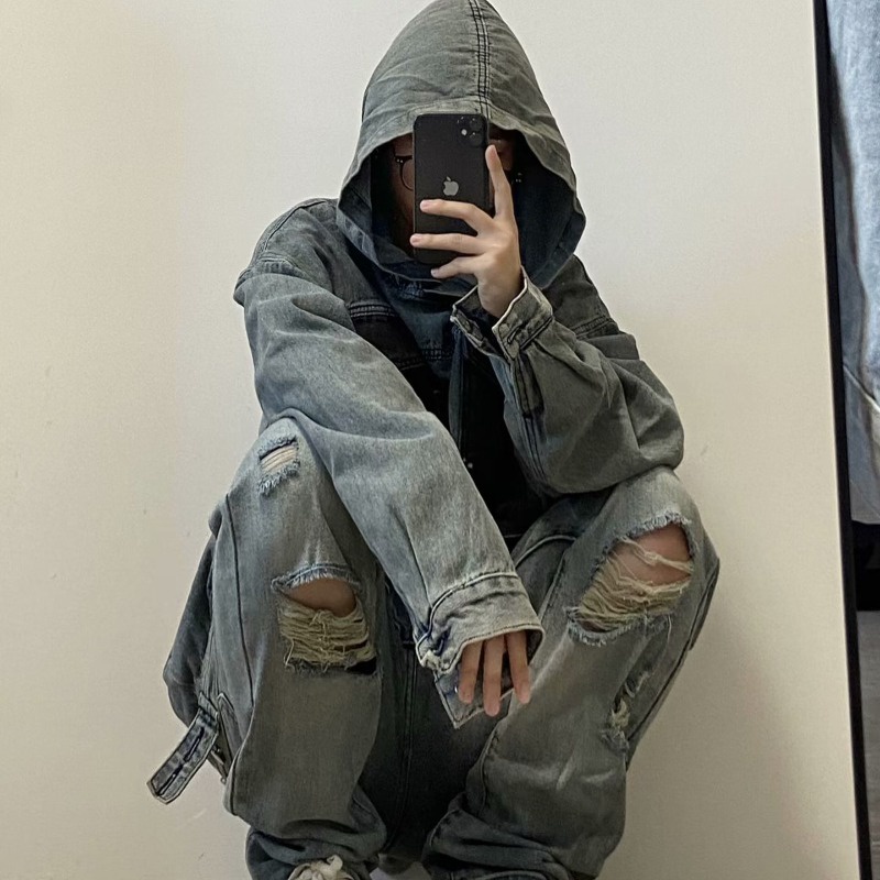 Áo Khoác Jean Tay Dài Có Nón Phong Cách harajuku Nhật Bản Cho Nam Nữ