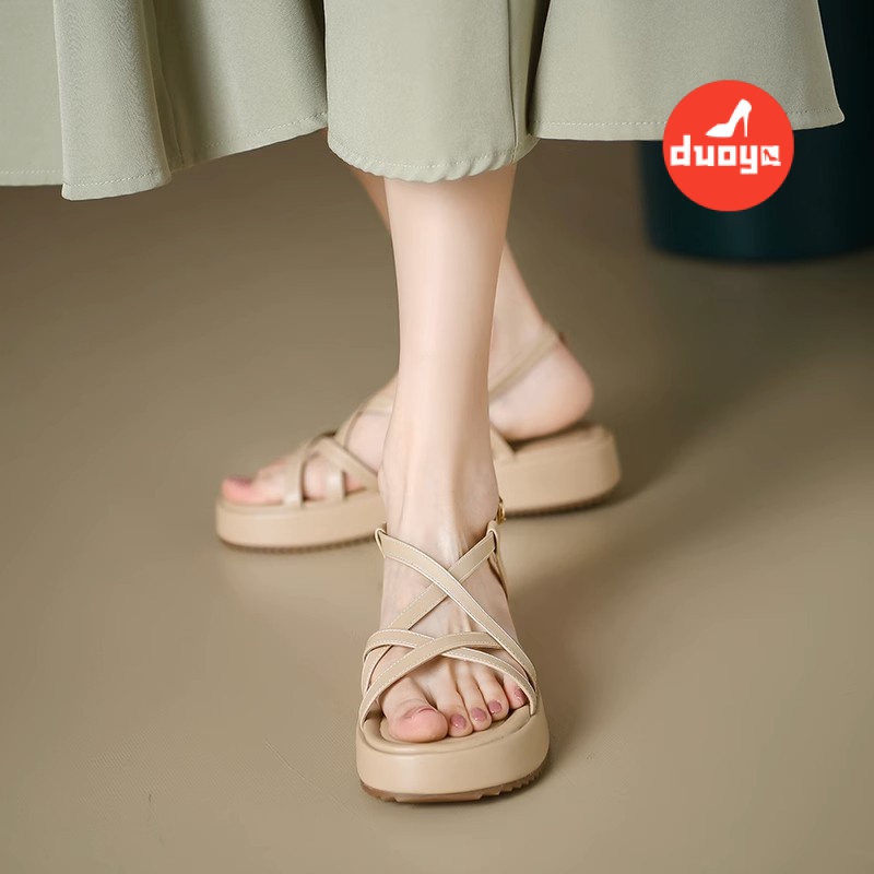 Giày Sandal Muffin Mũi Tròn Đế Phẳng Dày Dặn Dễ Phối Đồ Phong Cách Roman Cho Nữ Size 41-4