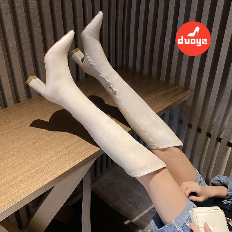 Hairory Thẳng ~  Giày Bốt Cao Qua Gối Mũi Nhọn Dày Dặn Màu Trắng Cho Nữ