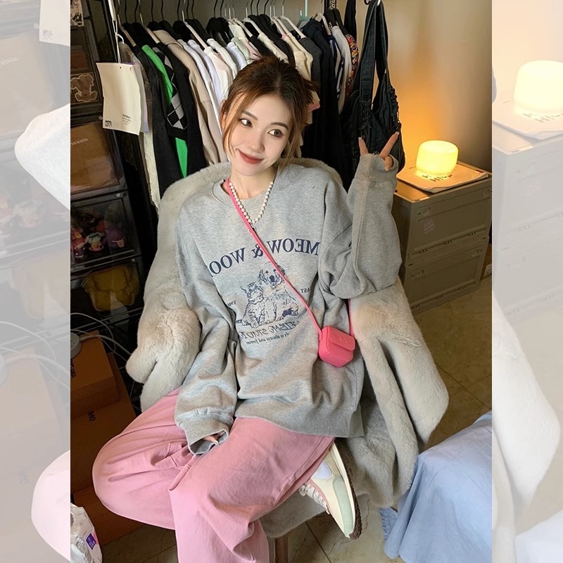 HIIXIIVI Áo Sweater cotton Tay Dài Dáng Rộng In Họa Tiết Thời Trang Hàn Quốc Mới 2024
