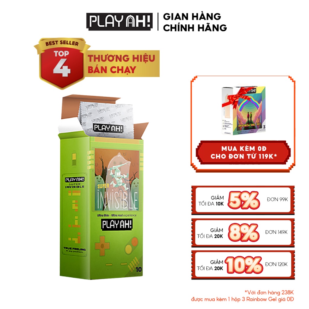 Bao Cao Su PLAYAH SUPER INVISIBLE Siêu mỏng/ LAST LONG Kéo dài thời gian/ EXTRA DOTS
