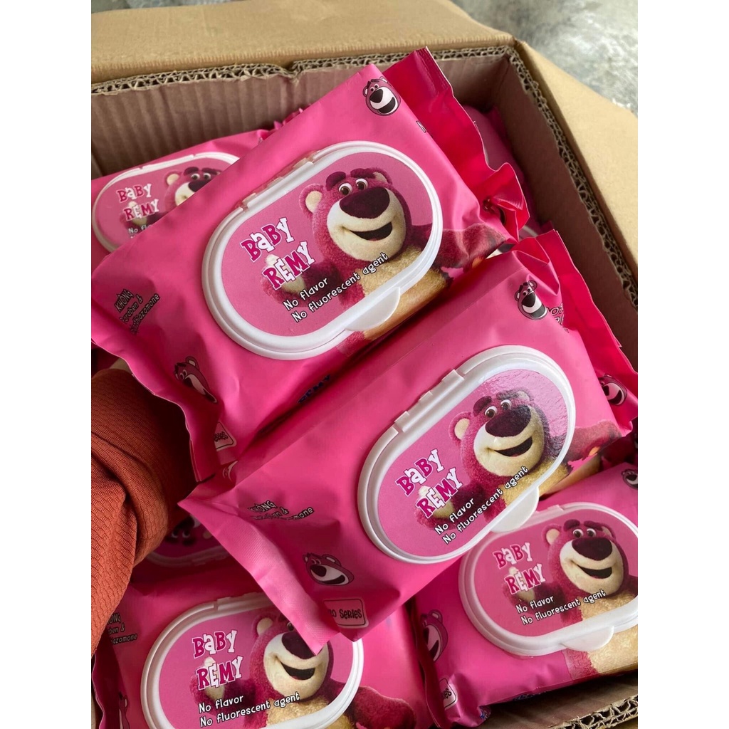 1 GÓI Khăn Ướt Gấu Dâu Gấu Hồng LOTSO Dạng Rút 80 Tờ/Gói