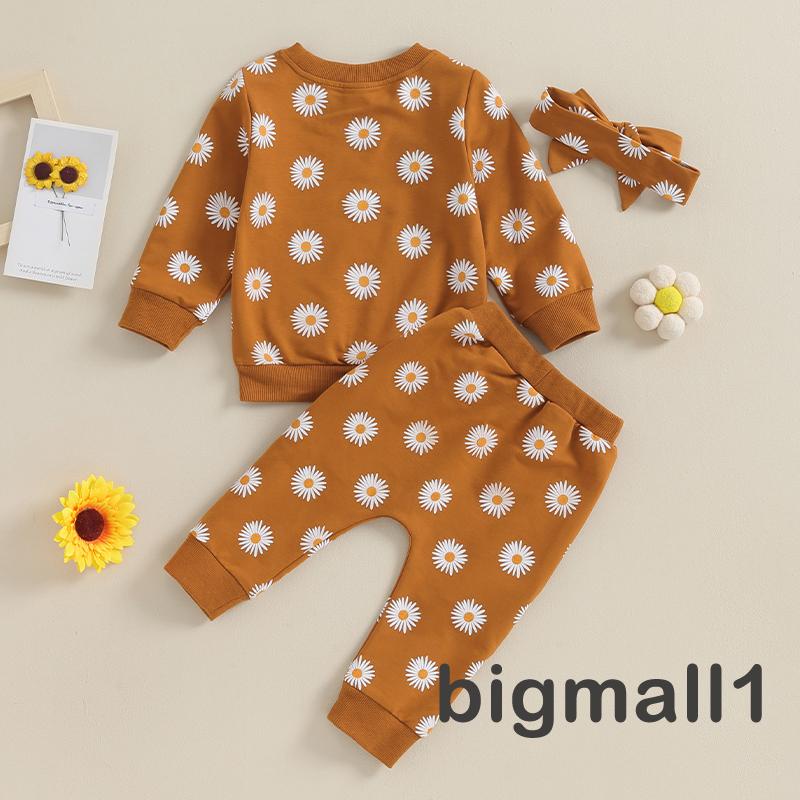 Topmall set Áo Thun Tay Dài & Quần Dài In Hoa Cúc & Băng Đô Quấn Đầu Cho Bé Gái Từ 6 Tháng - 3 Tuổi