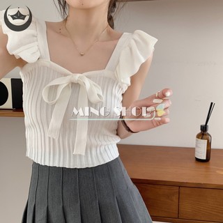 Áo crop top hai dây dệt kim mỏng co giãn đính nơ mùa hè ngọt ngào