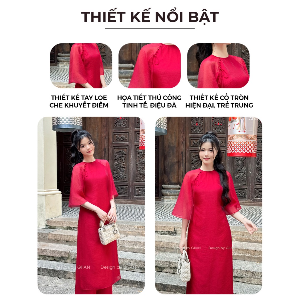 Áo dài tết đỏ 2024 nữ cách tân thiết kế Giian dáng suông 4 tà cổ tròn tay loe đính nơ chất liệu tơ óng cao cấp - AD0553