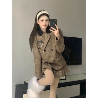 Bộ áo khoác + chân váy len kẻ sọc caro phong cách retro 2022 cho nữ