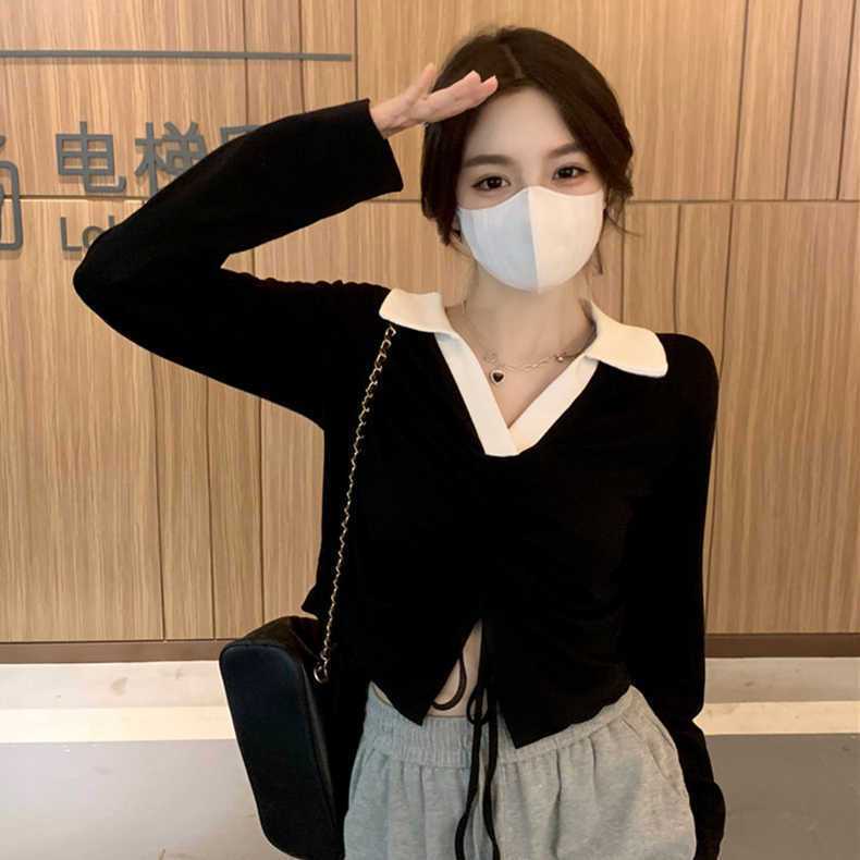 Áo Thun polo Tay Dài Ôm Dáng Phối Dây Rút Thời Trang Mùa Thu 202 Cho Nữ