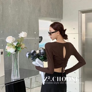 Áo Dệt Kim Tay Dài Hở Lưng Phối Dây Rút Phong Cách Mỹ Quyến Rũ Cho Nữ