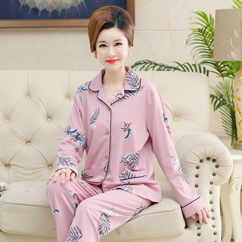 Bộ Đồ Ngủ Tay Dài Chất Liệu cotton Cao Cấp plus size Cho Nữ Trung Niên
