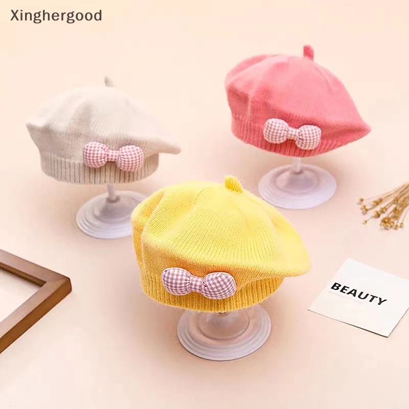 Xinghergood Mũ Nồi Dệt Kim Màu Trơn Đính Nơ Thời Trang Thu Đông Ấm Áp Cho Bé Gái