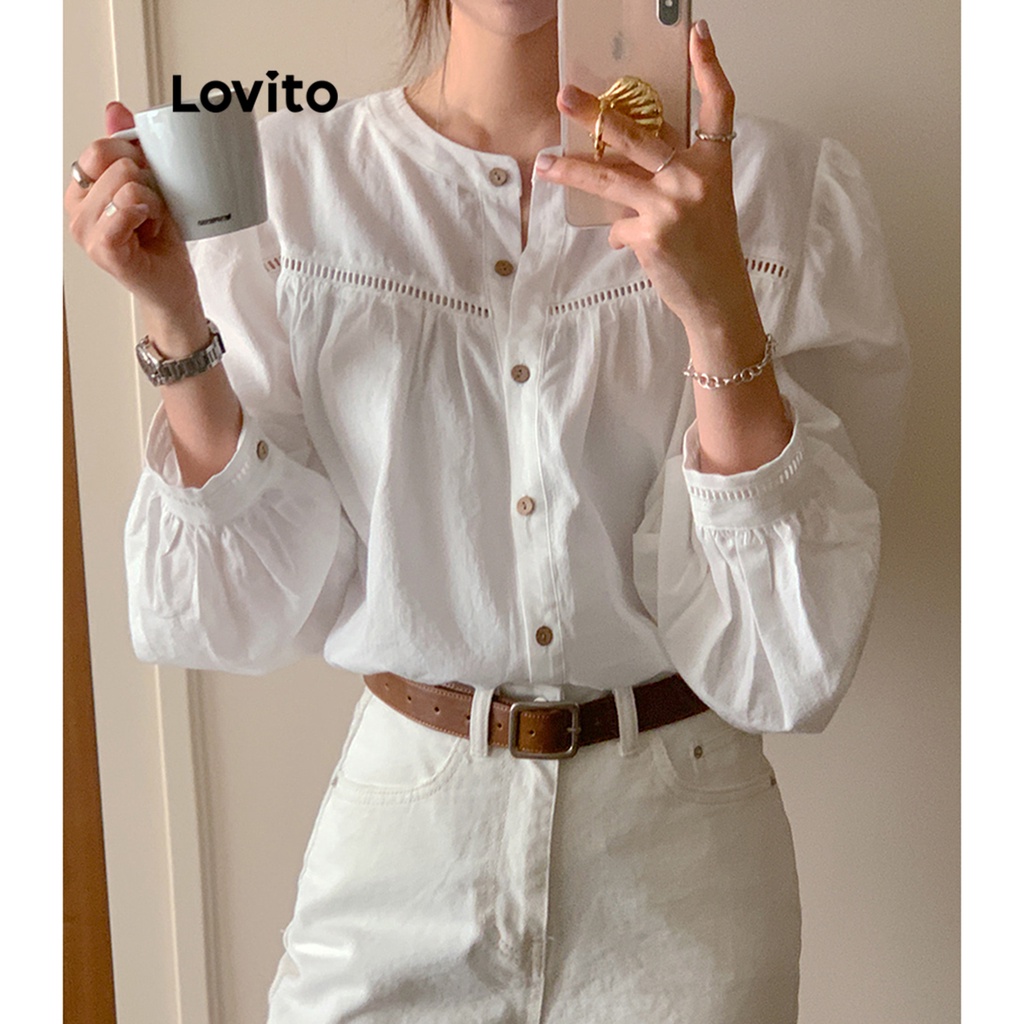 Lovito Áo sơ mi trơn đính nút phía trước thông thường dành cho nữ LNE26067