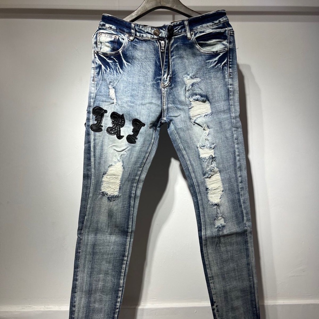 Amiri New High Street Ripped Jeans Men and Women Internet Celebrity Same Slim Fit Patchwork Jeans