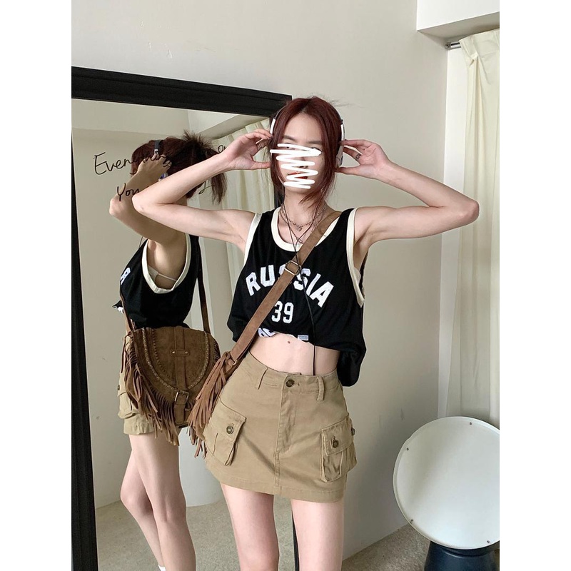 Chân Váy Kaki Chữ a Lưng Cao Có Túi Phong Cách retro Mỹ Cho Nữ