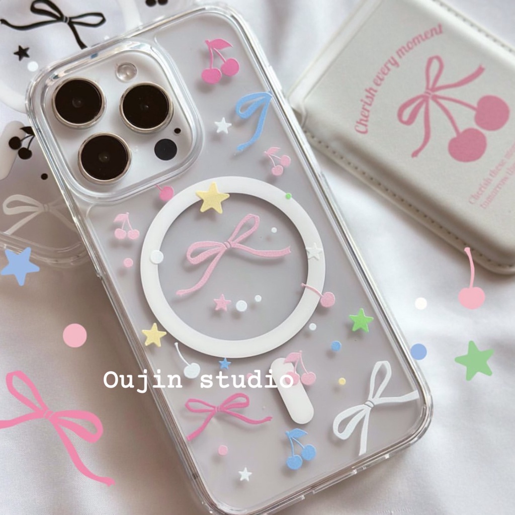 Bao Da Điện Thoại Có Ngăn Đựng Thẻ Từ Tính Hình Quả cherry Dễ Thương Cho 15pro / 14promax / 13 / 12 / 11 Ốp