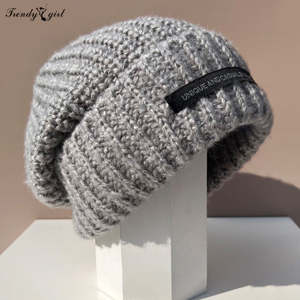 Mũ beanie Dệt Kim Dày Dặn Màu Trơn Giữ Ấm Mùa Đông Phong Cách Nhật Bản Cho Nữ