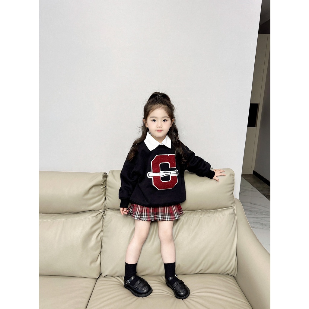 SET 3 CHI TIẾT ÁO NỈ CHỮ C, ÁO SƠ MI MIX  CHÂN VÁY KẺ THỜI TRANG SIÊU XINH CHO BÉ GÁI- HÀNG QCCC