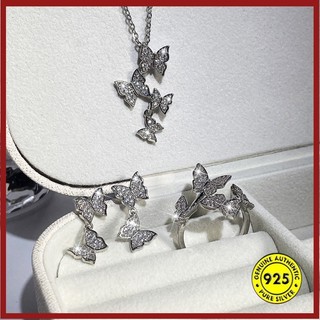 Thời trang set vòng cổ, bông tai, nhẫn, vòng tay mạ bạc 925 hình bướm bốn cá