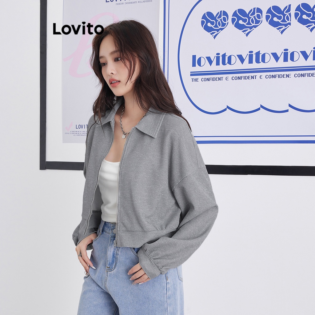 Áo sweatshirt Lovito màu trơn phối khóa kéo phong cách thường ngày cho nữ L58AD050 (Xám)