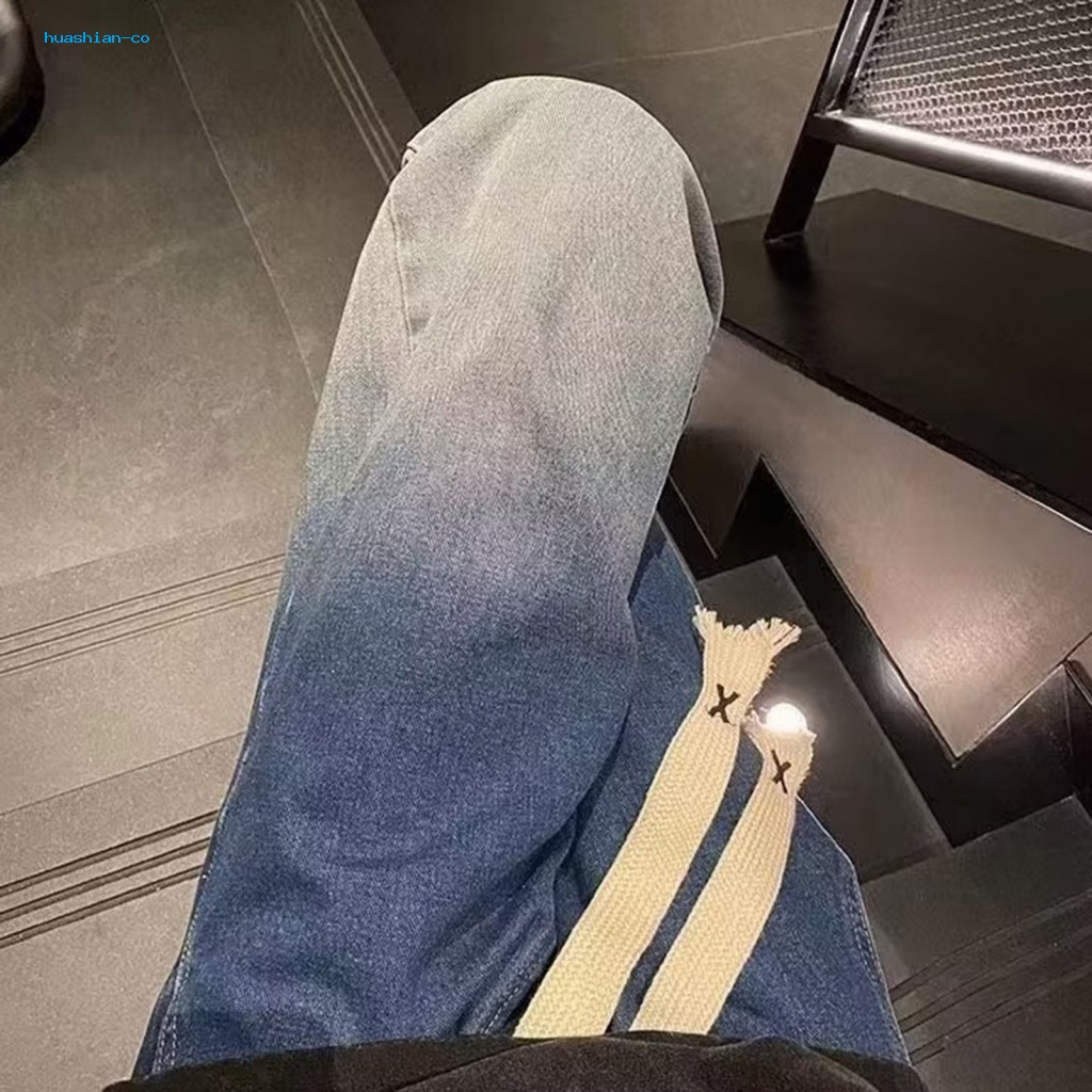 Huashian Quần Jean Dây Rút Lưng Thun Ống Rộng Màu gradient Phong Cách hip hop Đường Phố Cho Nam