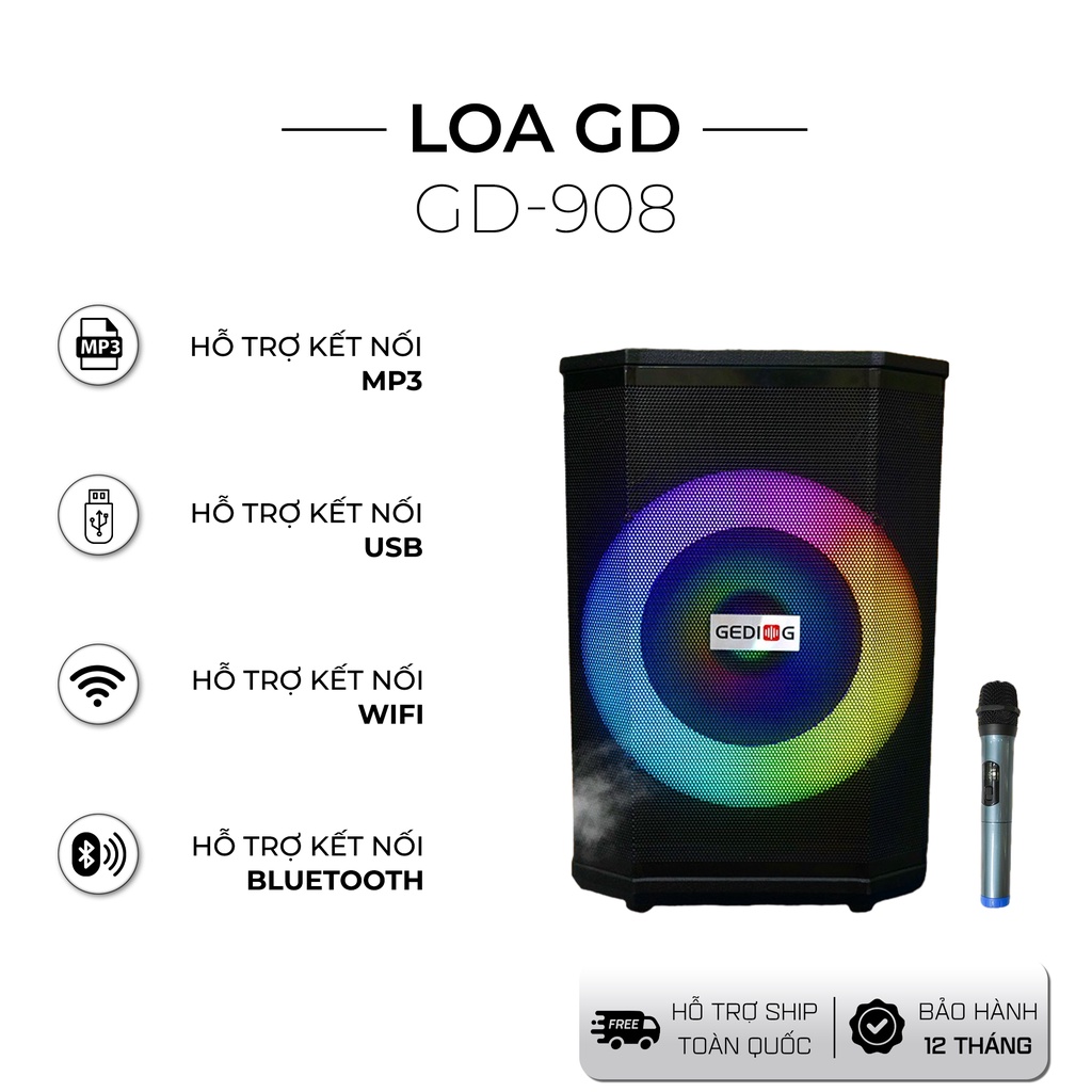 Loa Bluetooth Karaoke GEDI-G GD-908, Âm Thanh Siêu Tốt, Công Suất 80W, Không Dây Bảo Hành 1 Năm