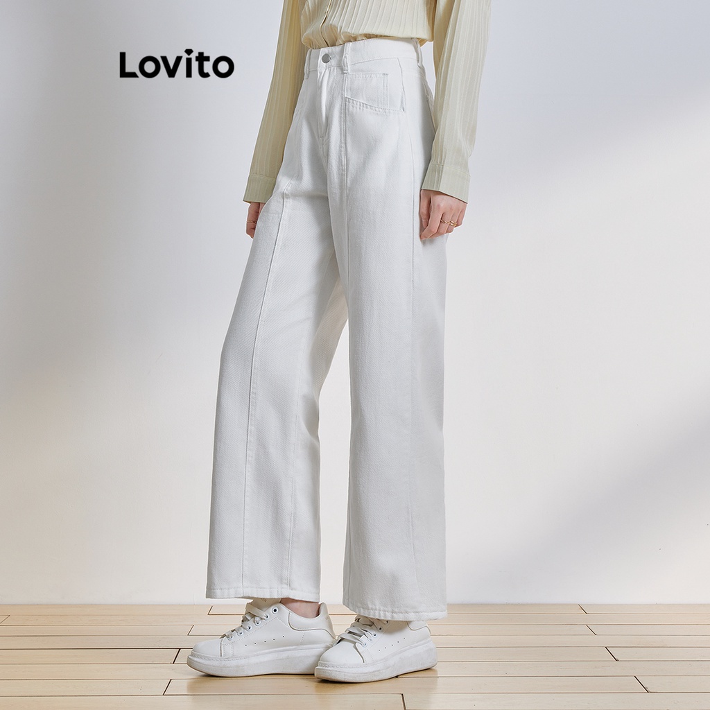 Quần jean giặt Lovito phối khóa kéo cài nút màu trơn thanh lịch cho nữ L65ED093