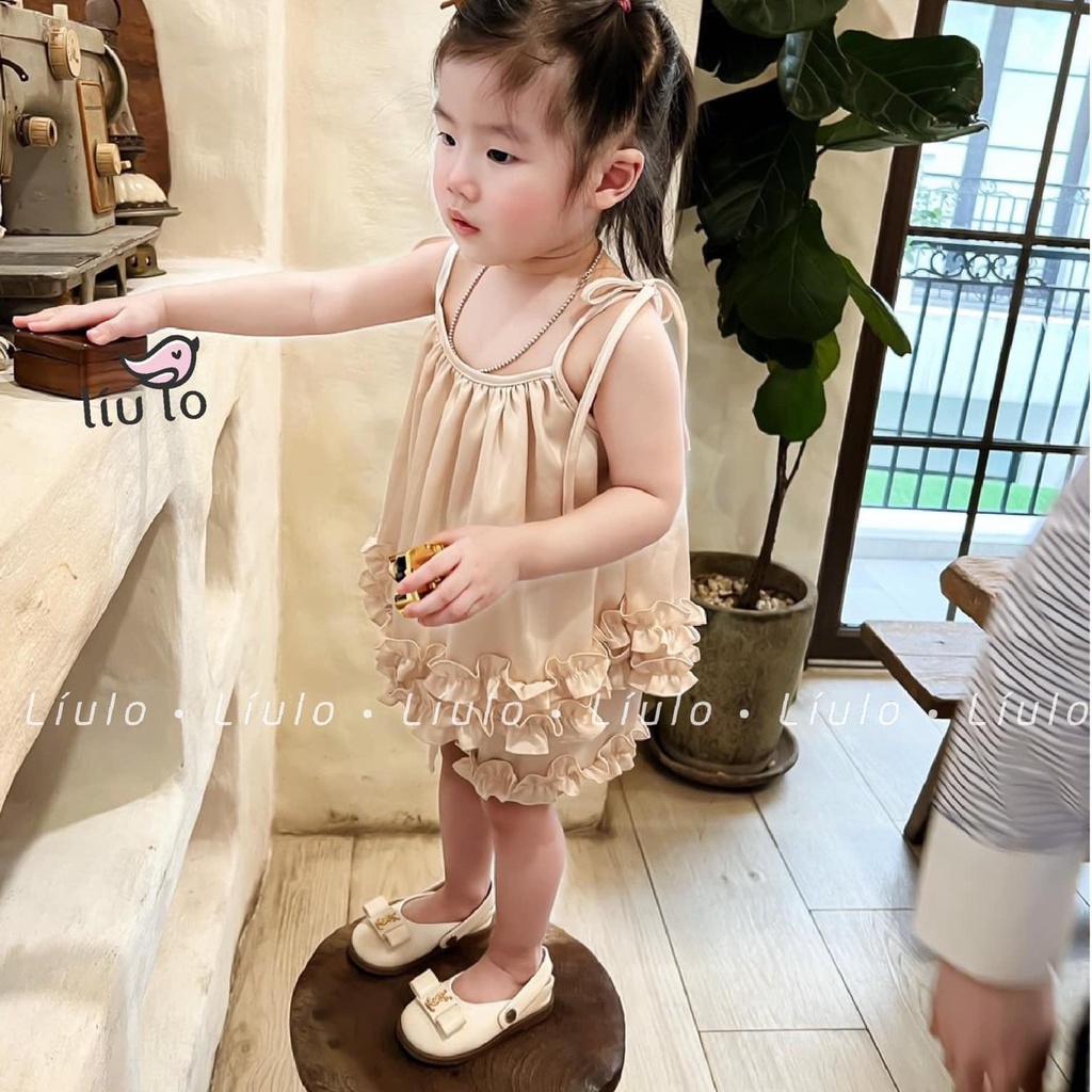 Set Bộ đôi Mẹ và Bé - Bộ Áo Bèo Nhún Quần Đùi Màu Be Hàn Quốc