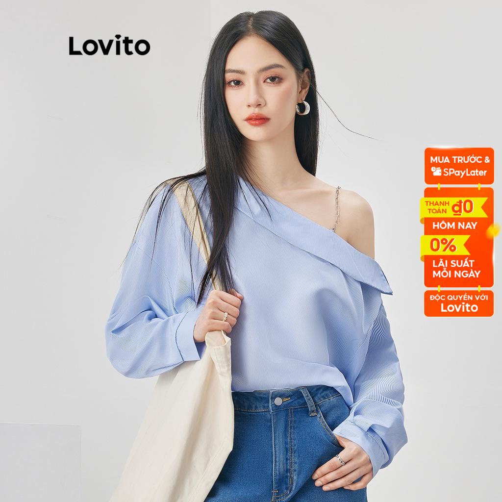 Lovito Áo dài tay sọc kim loại giản dị cho nữ L52AD036 (Màu xanh da trời)