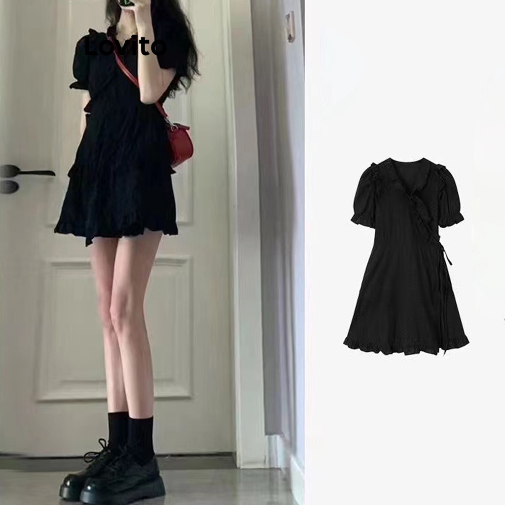 Lovito Đầm ren thường ngày có viền xà lách cho nữ LNE24238 (Đen)
