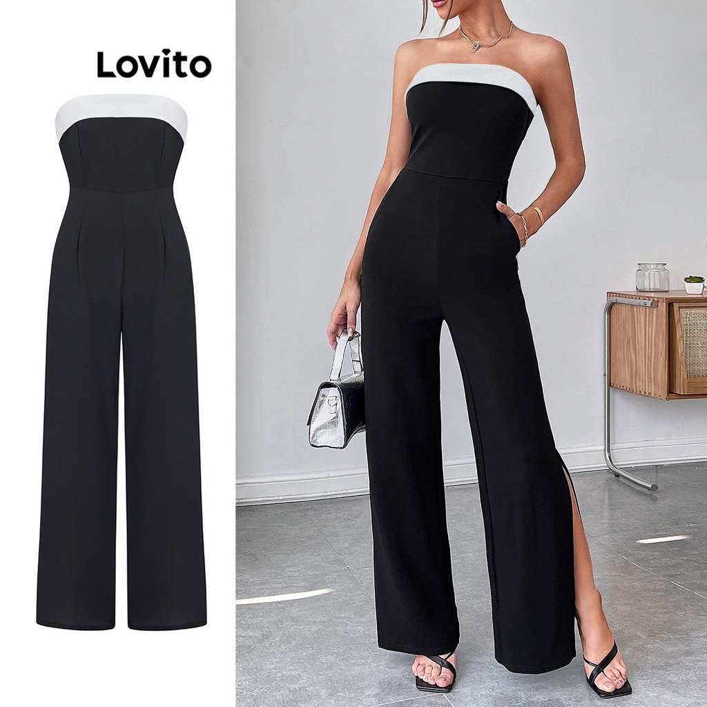 Lovito Áo liền quần liền khối màu trơn xẻ phía trước đơn giản cho nữ L55AD069 (Đen)