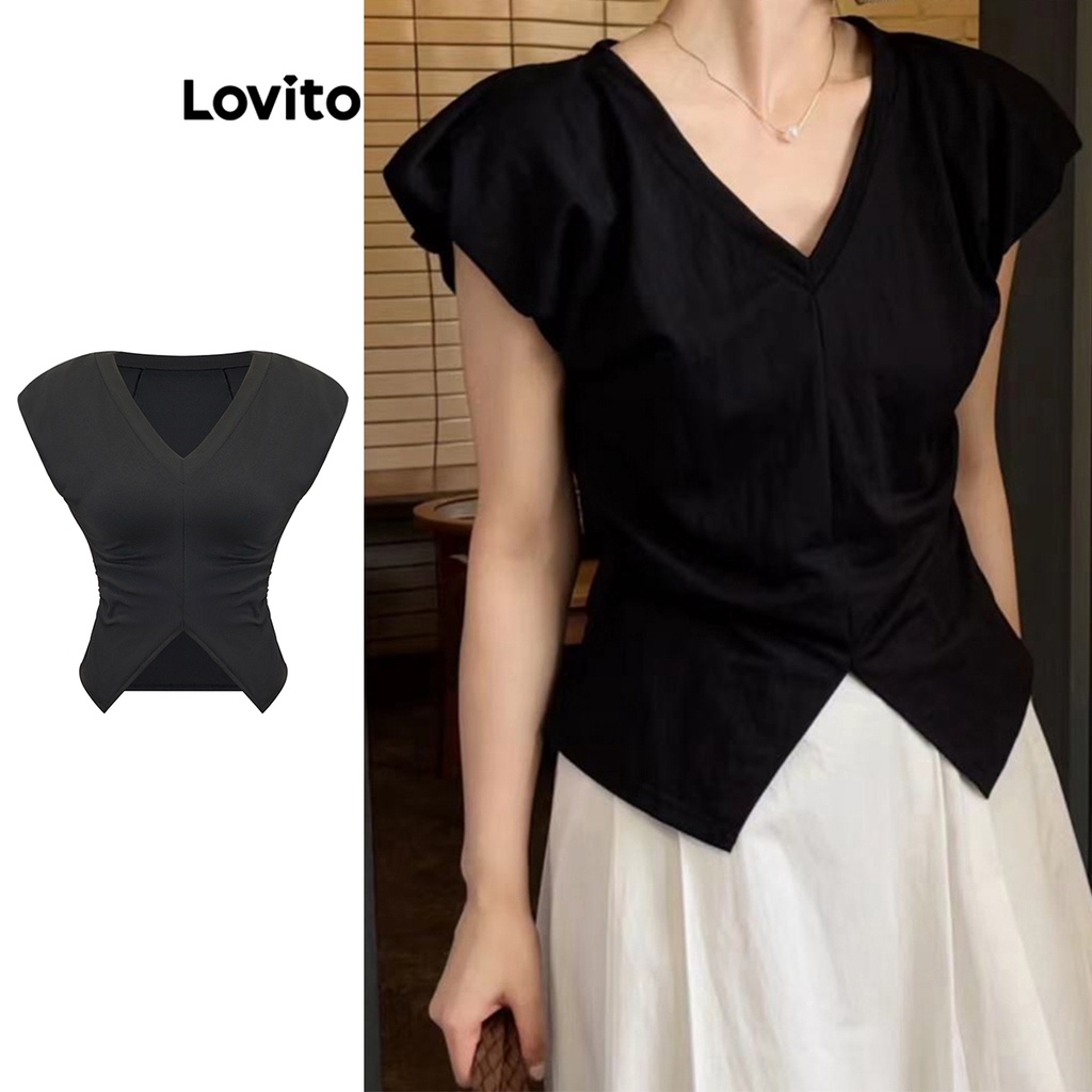 Lovito Áo thun xếp nếp trơn đơn giản dành cho nữ L71ED031