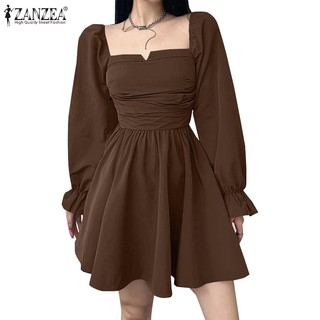 Zanzea Đầm Nữ Tay Dài Cổ Vuông Thời Trang Phong Cách Hàn Quốc