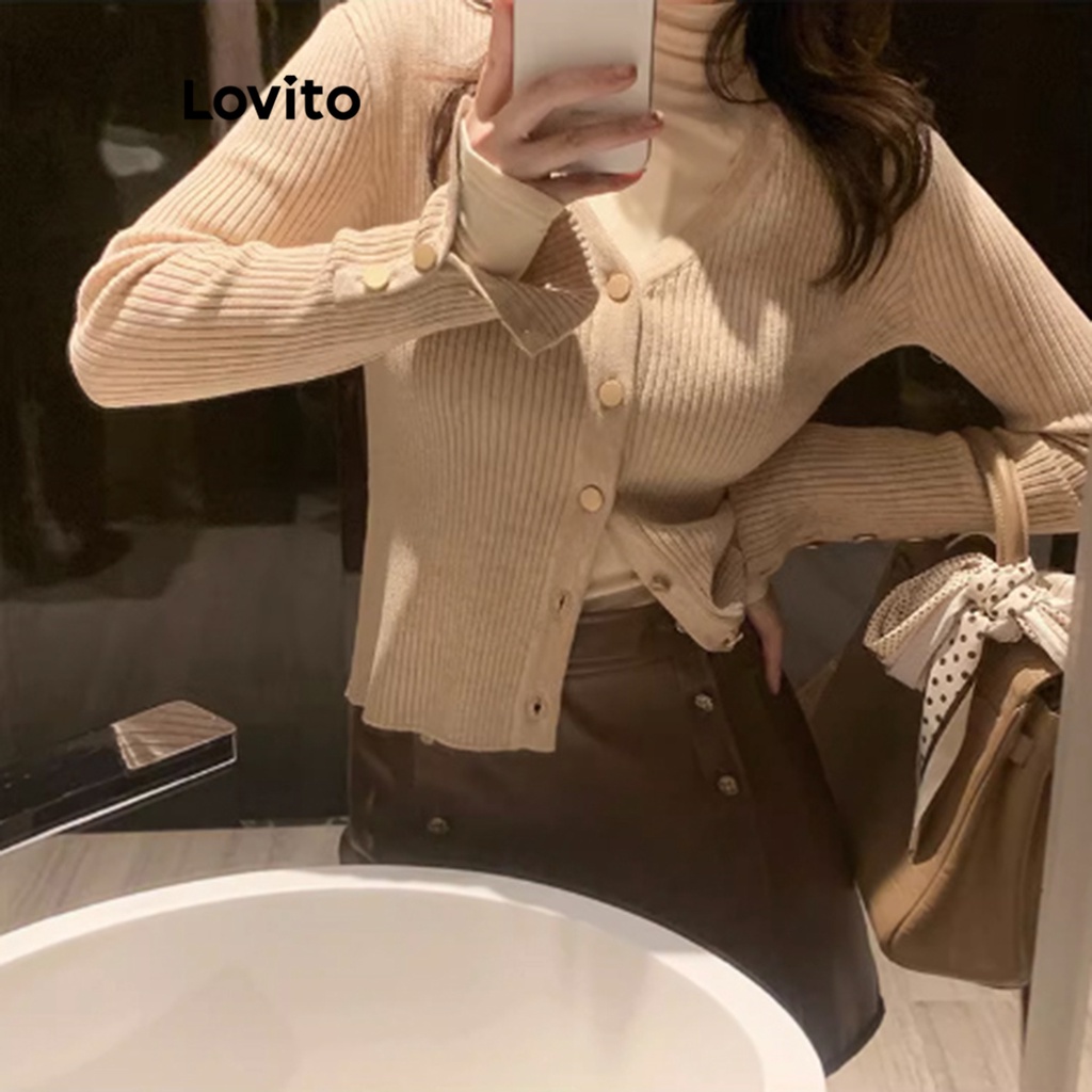 Áo khoác cardigan Lovito xẻ tà trước cài nút màu trơn thường ngày cho nữ LNE27148 (màu mơ/kaki nhạt/trắng/đen)