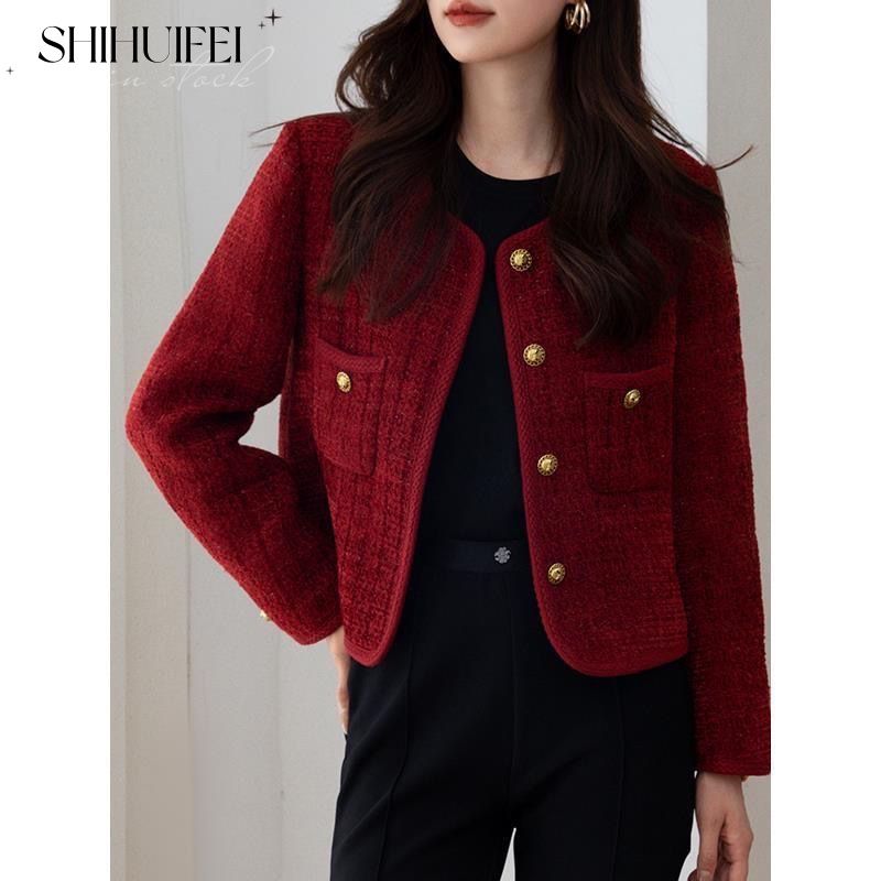 SHIHUIFEI Áo khoác dạ tweed áo dạ tweed đỏ Thoải mái Thanh lịch INS Popular WJK23C00UD 48Z231201