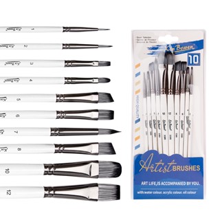 Ossayi set 10 Cọ Vẽ Tranh Đầu Tròn Dẹt Lông nylon acrylic Màu Nước Dầu / Móng Tay Nghệ Thuật Nhỏ Gọn