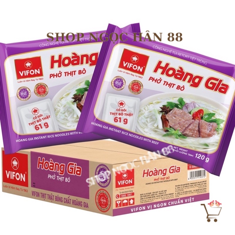 Thùng Phở thịt gà, bò gói có thịt thật, bánh đa cua vifon hoàng gia thịt thật 18 gói x 120g